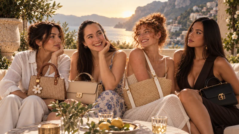 Talia Guerrero campaign visual: four women seated together on a terrace above the sea at sunset, each holding a handbag.